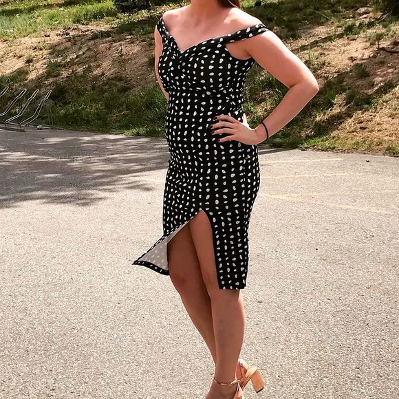 ASOS Black and White Polka Dot Off-Shoulder Midi Dress With Slit Size 8 - Picture 1 of 6
